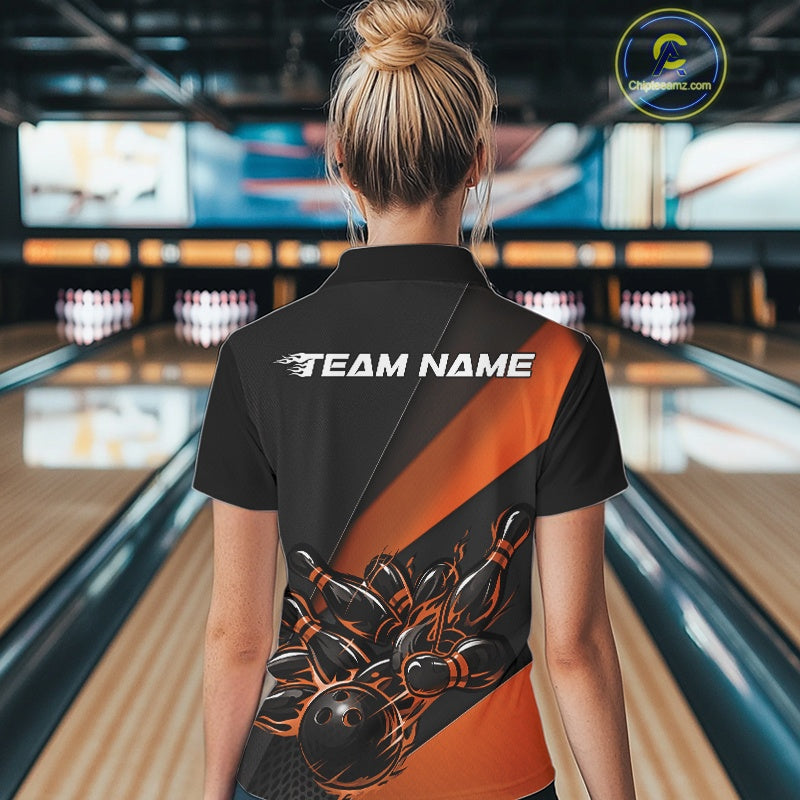 Custom Black And Orange Flame Bowling Shirts, Bowling League Shirt Bowler Jerseys