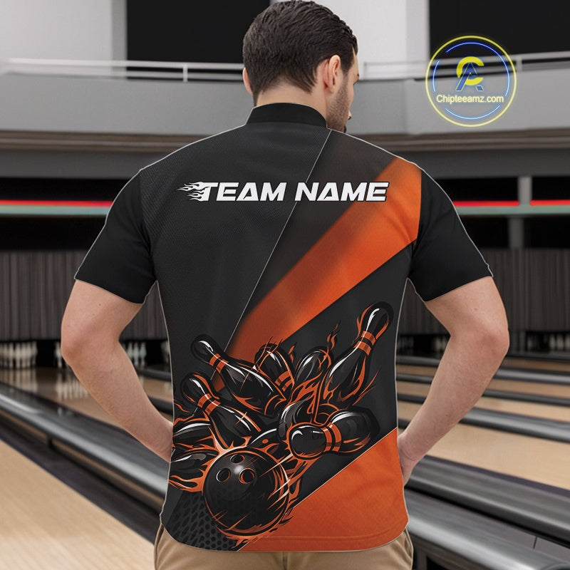 Custom Black And Orange Flame Bowling Shirts, Bowling League Shirt Bowler Jerseys