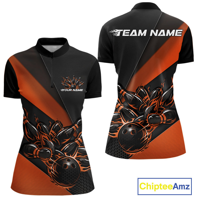 Custom Black And Orange Flame Bowling Shirts, Bowling League Shirt Bowler Jerseys