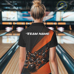 Custom Black And Orange Flame Bowling Shirts, Bowling League Shirt Bowler Jerseys