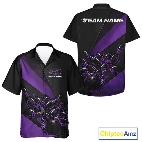 Custom Black And Purple Flame And Bowling Shirts, Bowling League Shirt Bowler Jerseys