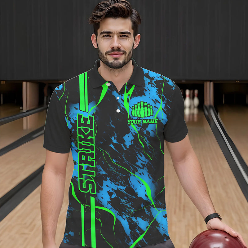 Black, Green And Blue Strike Bowling Polo Shirts, Custom Bowling Team Shirts Bowling Jerseys