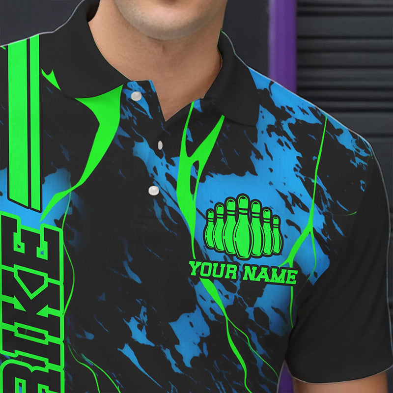 Black, Green And Blue Strike Bowling Polo Shirts, Custom Bowling Team Shirts Bowling Jerseys