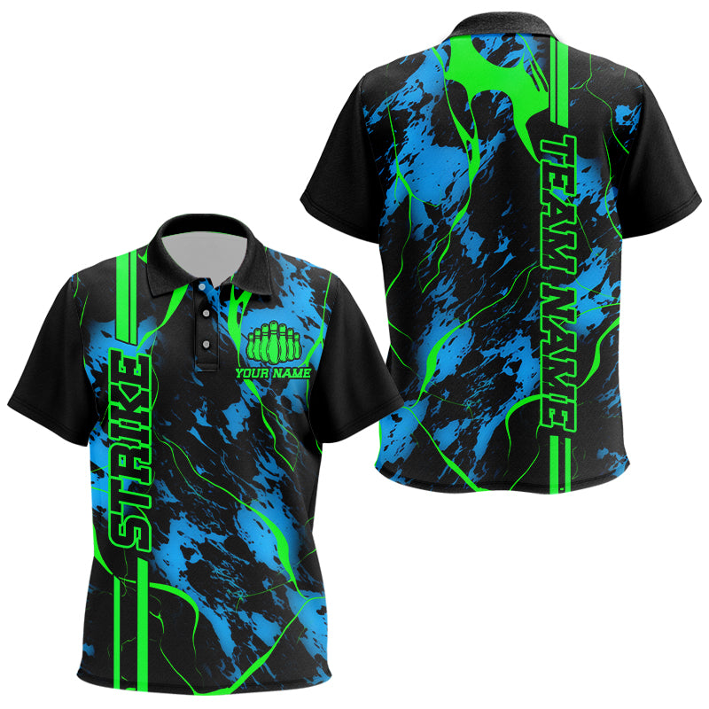 Black, Green And Blue Strike Bowling Polo Shirts, Custom Bowling Team Jerseys