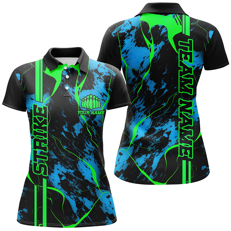 Black, Green And Blue Strike Bowling Polo Shirts, Custom Bowling Team Shirts