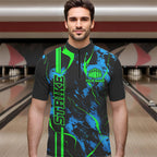 Black, Green And Blue Strike Bowling Quarter Zip Shirts, Custom Bowling Team Shirts