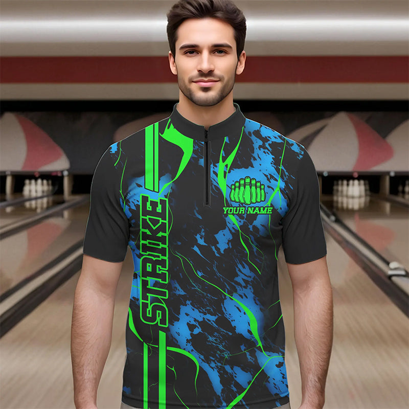 Black, Green And Blue Strike Bowling Quarter Zip Shirts, Custom Bowling Team Shirts
