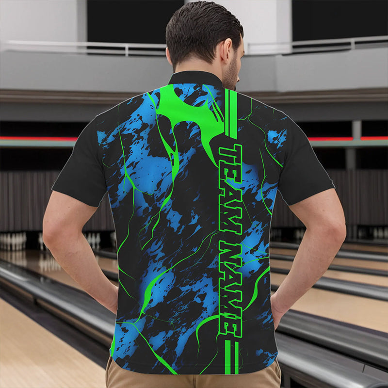 Black, Green And Blue Strike Bowling Quarter Zip Shirts, Custom Bowling Team Shirts