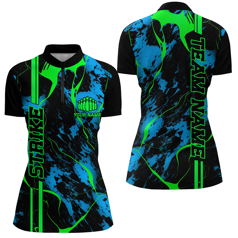 Black, Green And Blue Strike Bowling Quarter Zip Shirts, Custom Bowling Team Shirts