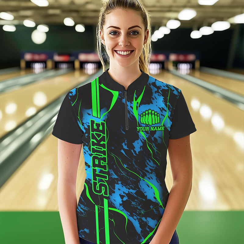 Black, Green And Blue Strike Bowling Quarter Zip Shirts, Custom Bowling Team Shirts