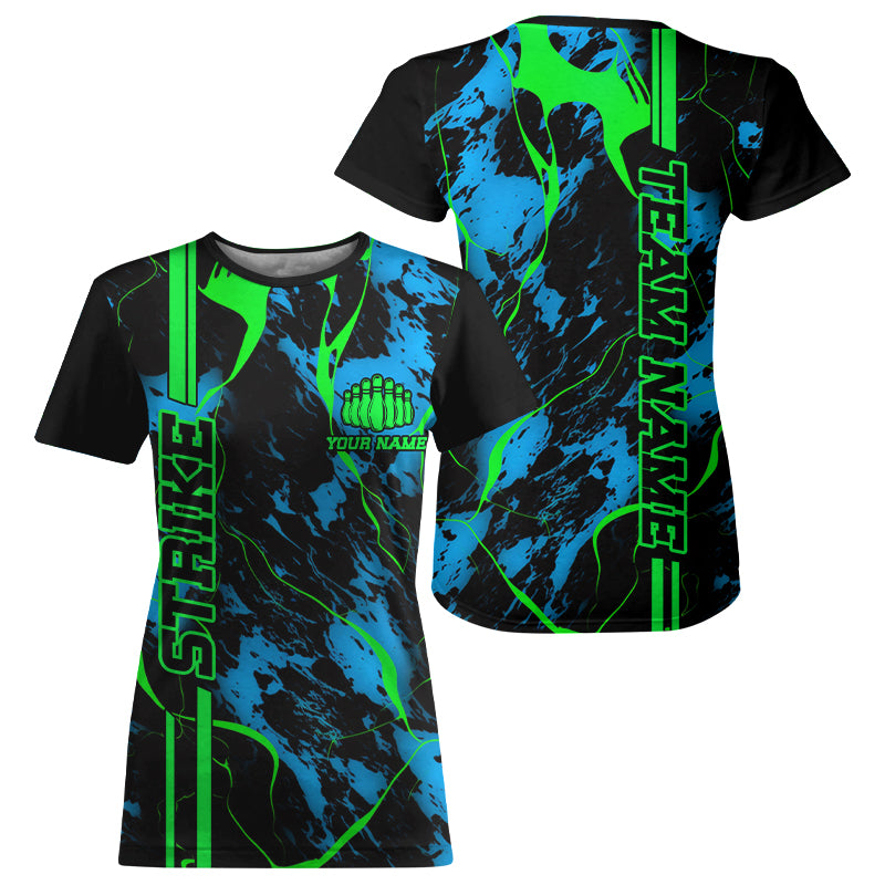Black, Green And Blue Strike Bowling T-Shirts Shirts, Custom Bowling Team Jerseys