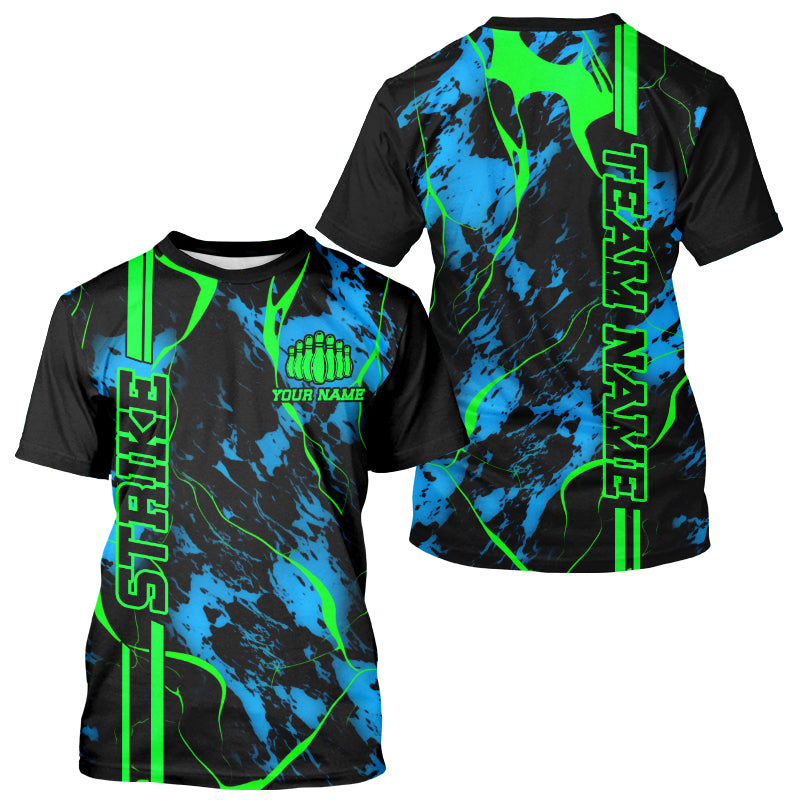 Black, Green And Blue Strike Bowling T-Shirts Shirts, Custom Bowling Team Jerseys