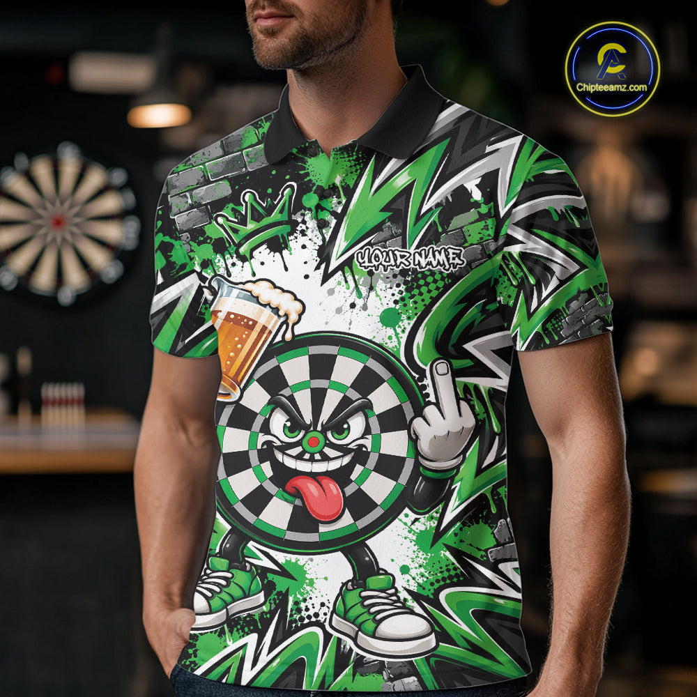 Custom Green Graffiti Funny Dartboard And Beer Dart Team Polo, Dart League Shirt
