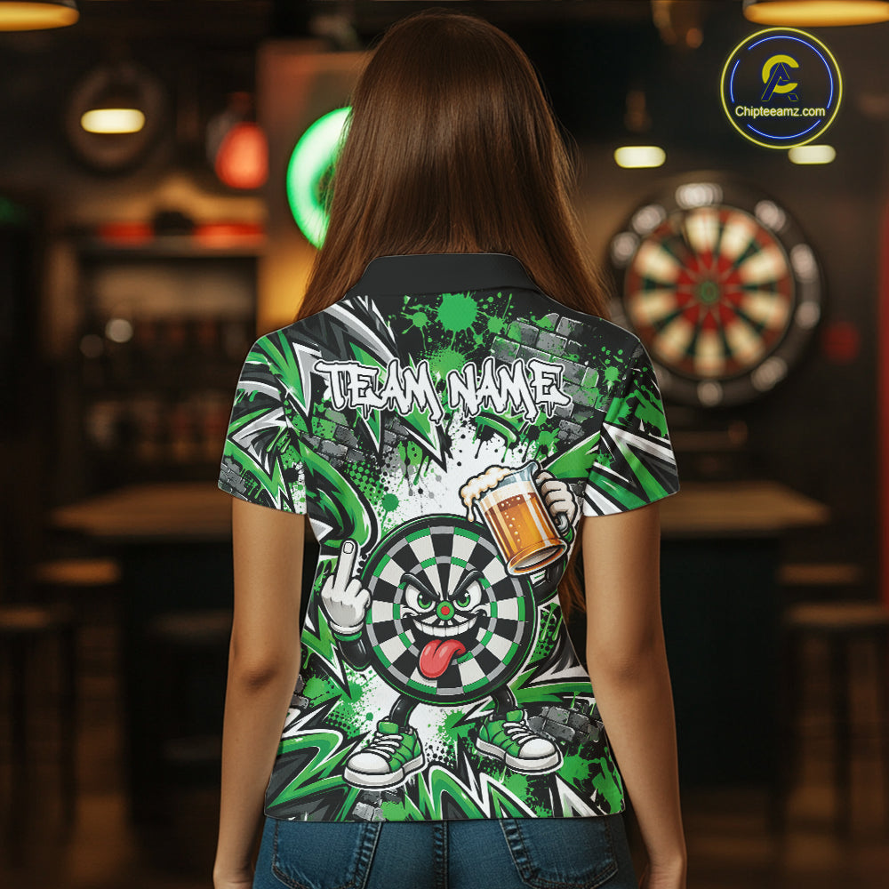 Custom Green Graffiti Funny Dartboard And Beer Dart Team Polo, Dart League Shirt