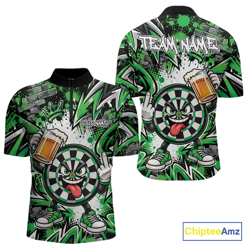 Custom Green Graffiti Funny Dartboard And Beer Dart Team Quarter Zip, Dart League Shirt