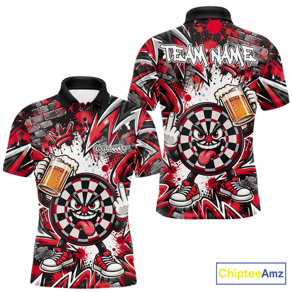 Custom Red Graffiti Funny Dartboard And Beer Dart Team Polo, Dart League Shirt