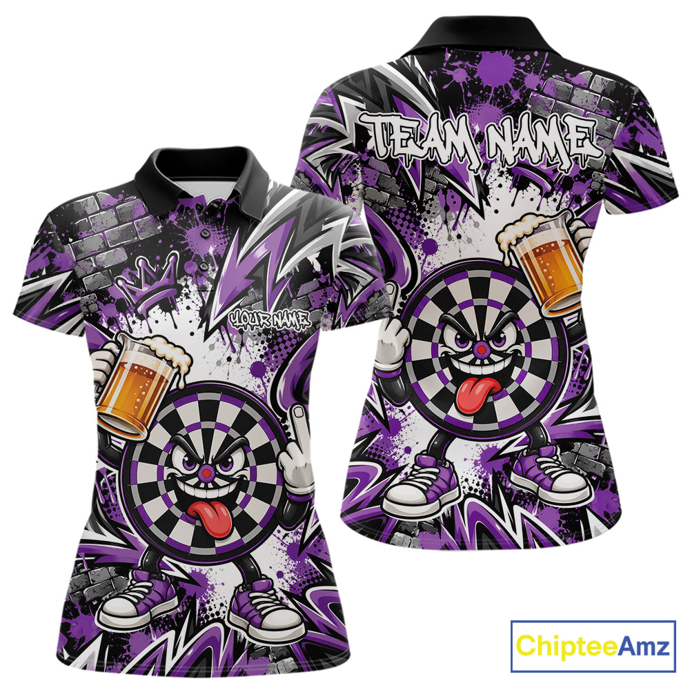 Custom Purple Graffiti Funny Dartboard And Beer Dart Team Polo, Dart League Shirt