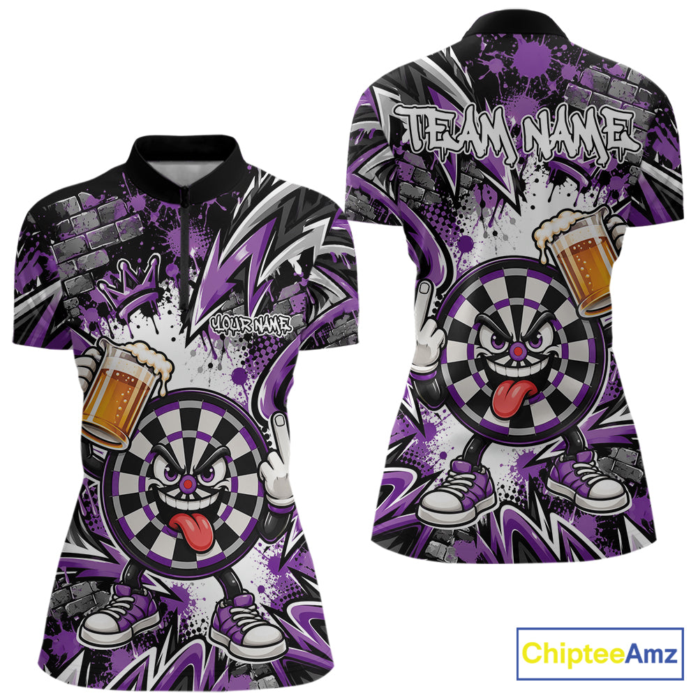 Custom Purple Graffiti Funny Dartboard And Beer Dart League Quarter-Zip Shirt
