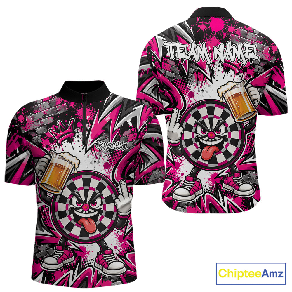 Custom Pink Graffiti Funny Dartboard And Beer Dart Team Quarter Zip, Dart League Shirt