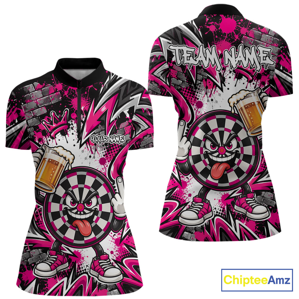 Custom Pink Graffiti Funny Dartboard And Beer Dart Quarter-Zip, Dart League Shirt