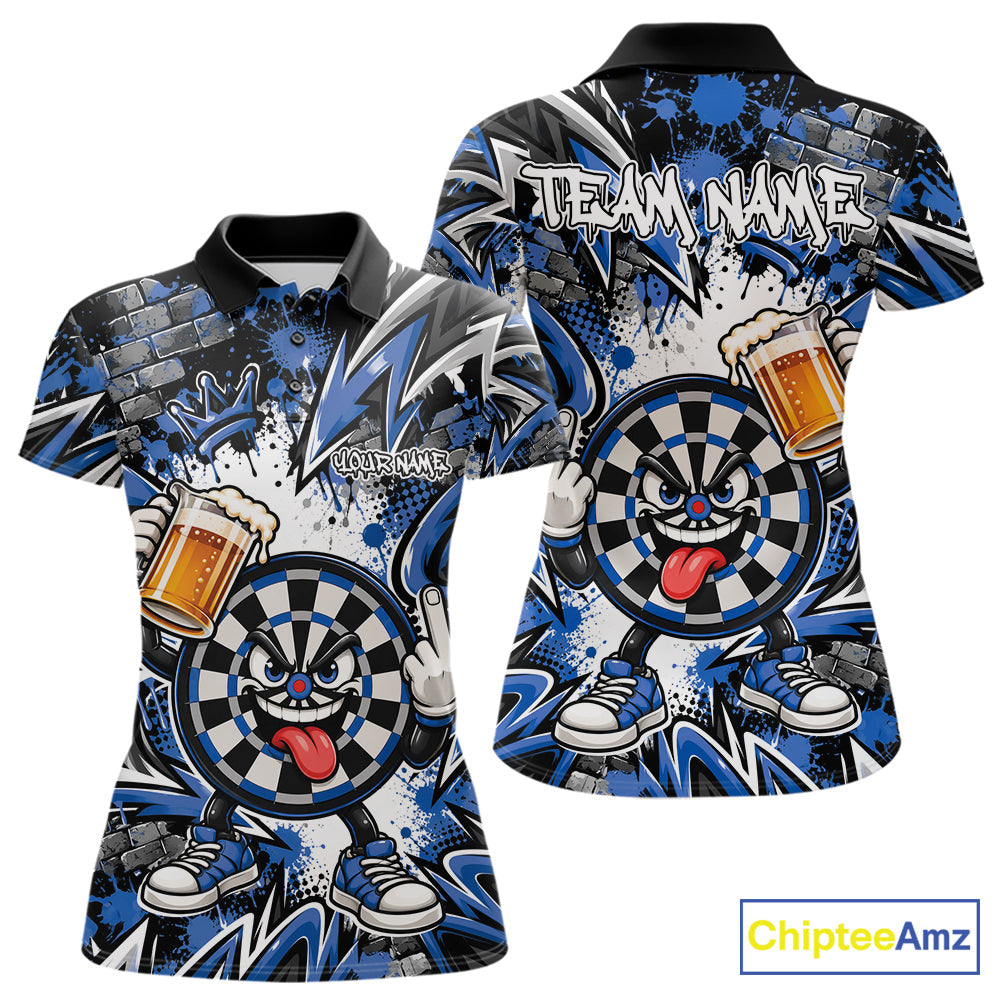 Custom Blue Graffiti Funny Dartboard And Beer Dart Team Polo, Dart League Shirt