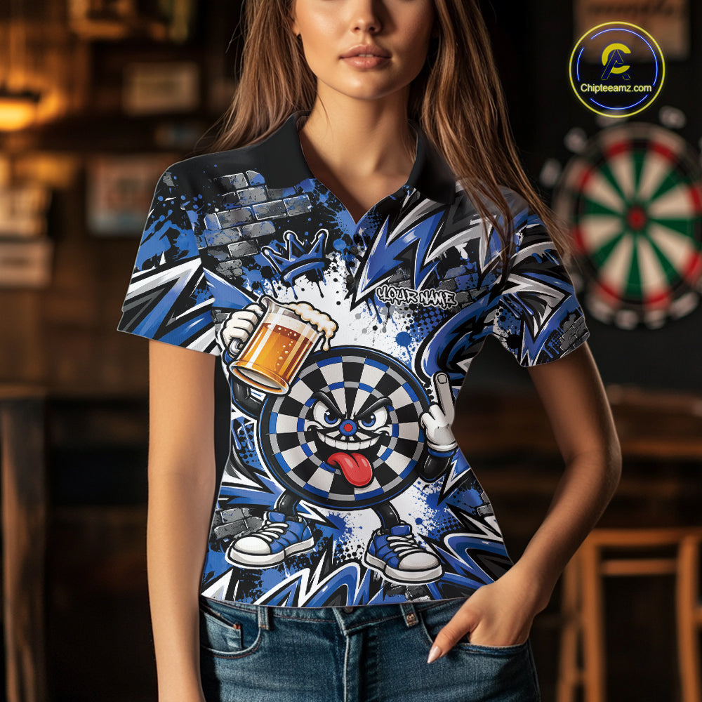 Custom Blue Graffiti Funny Dartboard And Beer Dart Team Polo, Dart League Shirt