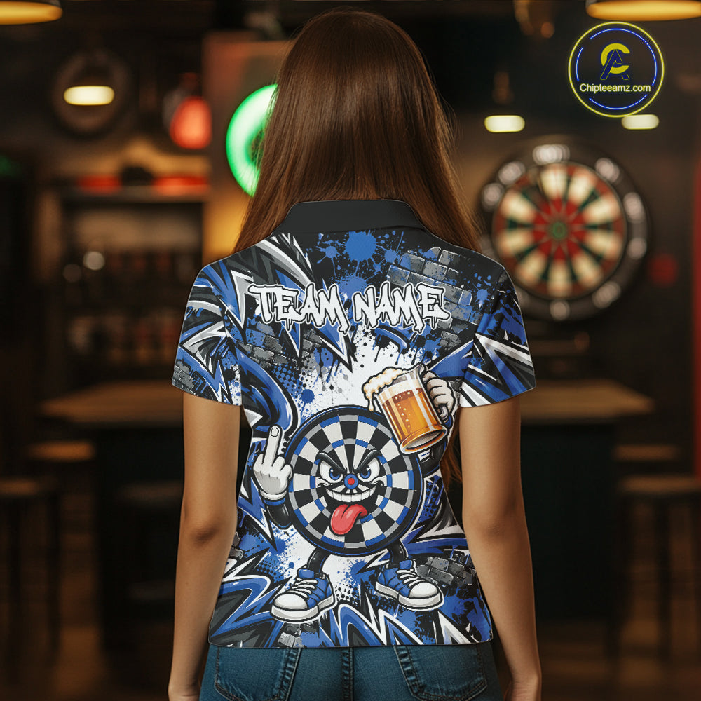 Custom Blue Graffiti Funny Dartboard And Beer Dart Team Polo, Dart League Shirt
