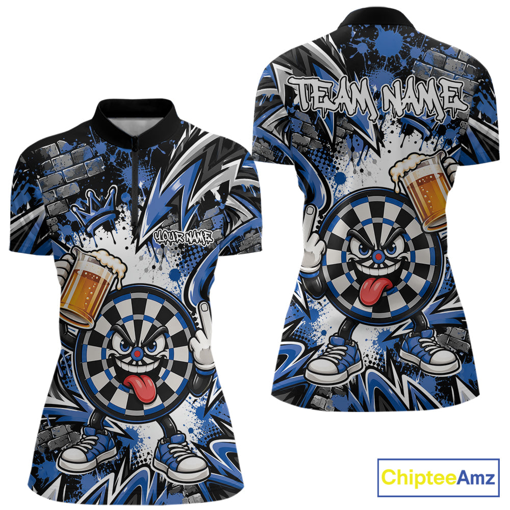 Custom Blue Graffiti Funny Dartboard And Beer Dart Quarter-Zip, Dart League Shirt