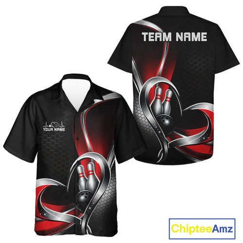 Custom Black And Red Heart Bowling And Hawaiian Shirt, Hexagon Bowling Team Jerseys