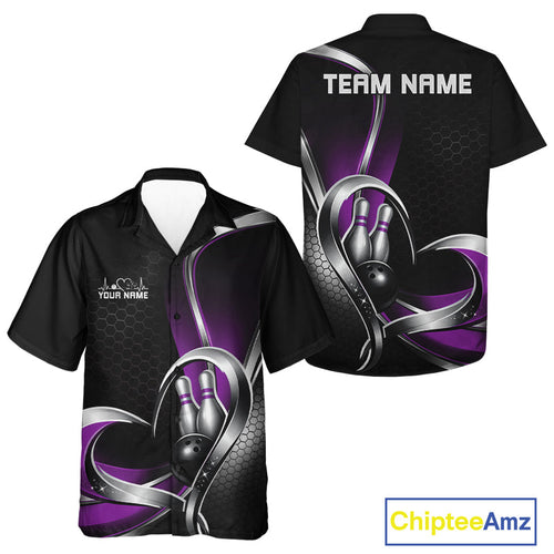 Custom Black And Purple Heart Bowling And Hawaiian Shirt, Hexagon Bowling Team Jerseys