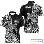 Custom Black And White Polynesian Tribal Turtle Bowling Jersey Team Polo Shirt