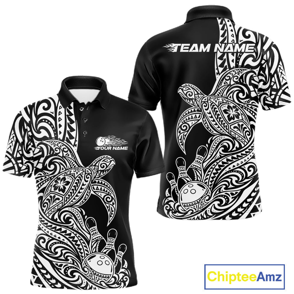 Custom Black And White Polynesian Tribal Turtle Bowling Jersey Team Polo Shirt