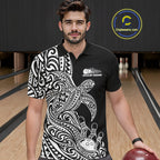 Custom Black And White Polynesian Tribal Turtle Bowling Jersey Team Polo Shirt