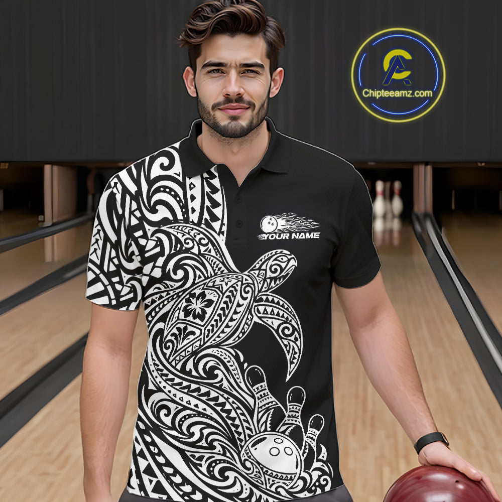 Custom Black And White Polynesian Tribal Turtle Bowling Jersey Team Polo Shirt