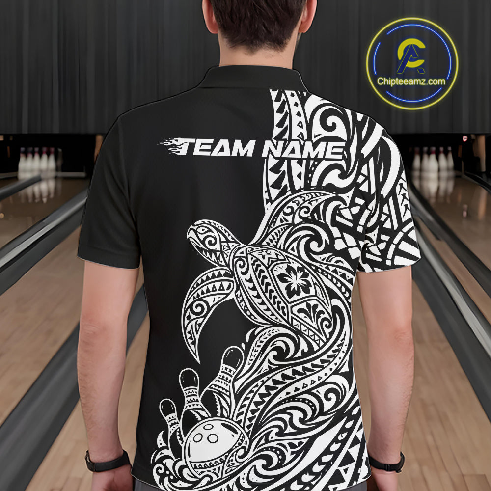 Custom Black And White Polynesian Tribal Turtle Bowling Jersey Team Polo Shirt
