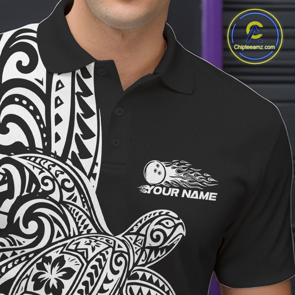 Custom Black And White Polynesian Tribal Turtle Bowling Jersey Team Polo Shirt
