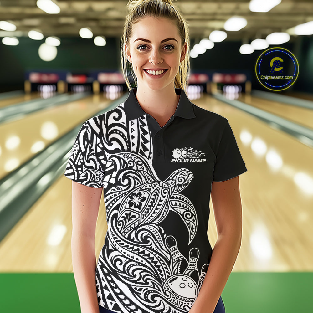 Custom Black And White Polynesian Tribal Turtle Bowling Jersey Team Polo Shirt