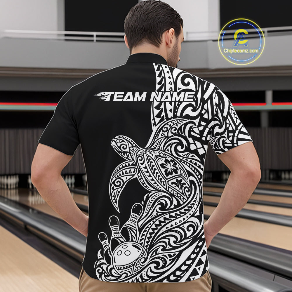 Custom Black And White Polynesian Tribal Turtle Bowling Jersey Team Quarter Zip Shirt