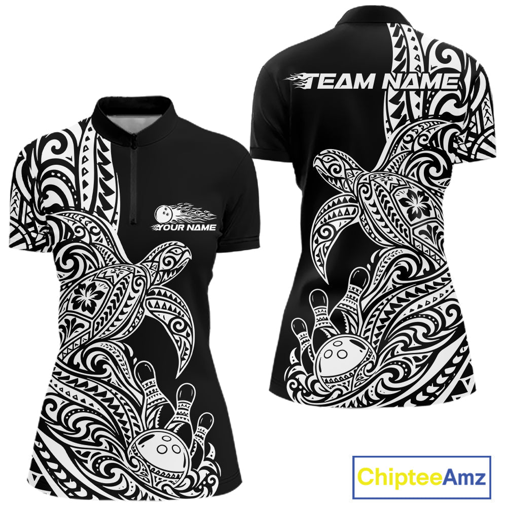 Custom Black And White Polynesian Tribal Turtle Bowling Jersey Quarter-Zip Shirt