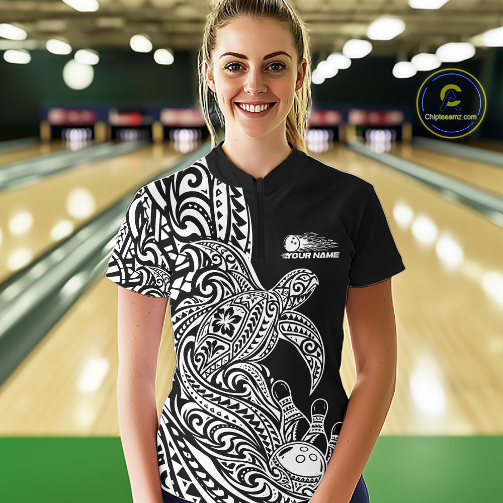 Custom Black And White Polynesian Tribal Turtle Bowling Jersey Quarter-Zip Shirt