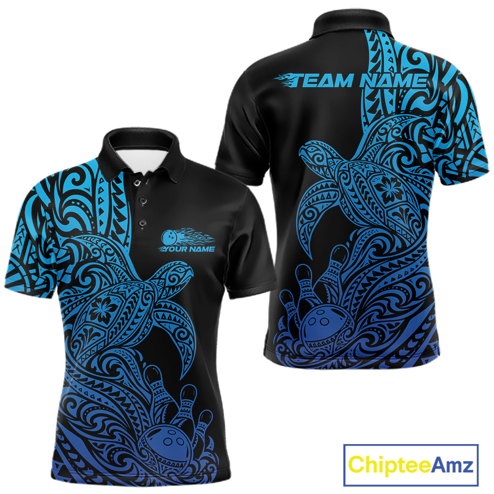Custom Black And Blue Polynesian Tribal Turtle Bowling Jersey Team Polo Shirt