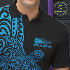 Custom Black And Blue Polynesian Tribal Turtle Bowling Jersey Team Polo Shirt