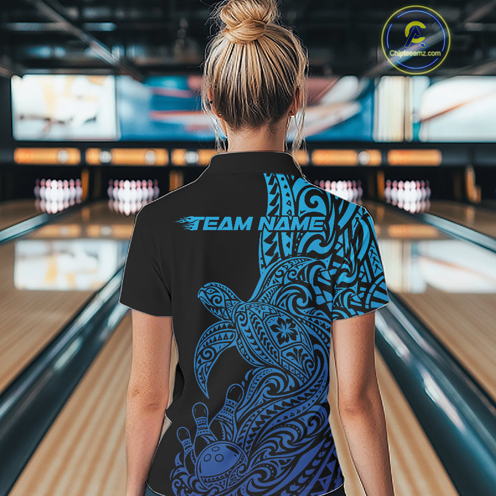 Custom Black And Blue Polynesian Tribal Turtle Bowling Jersey Team Polo Shirt