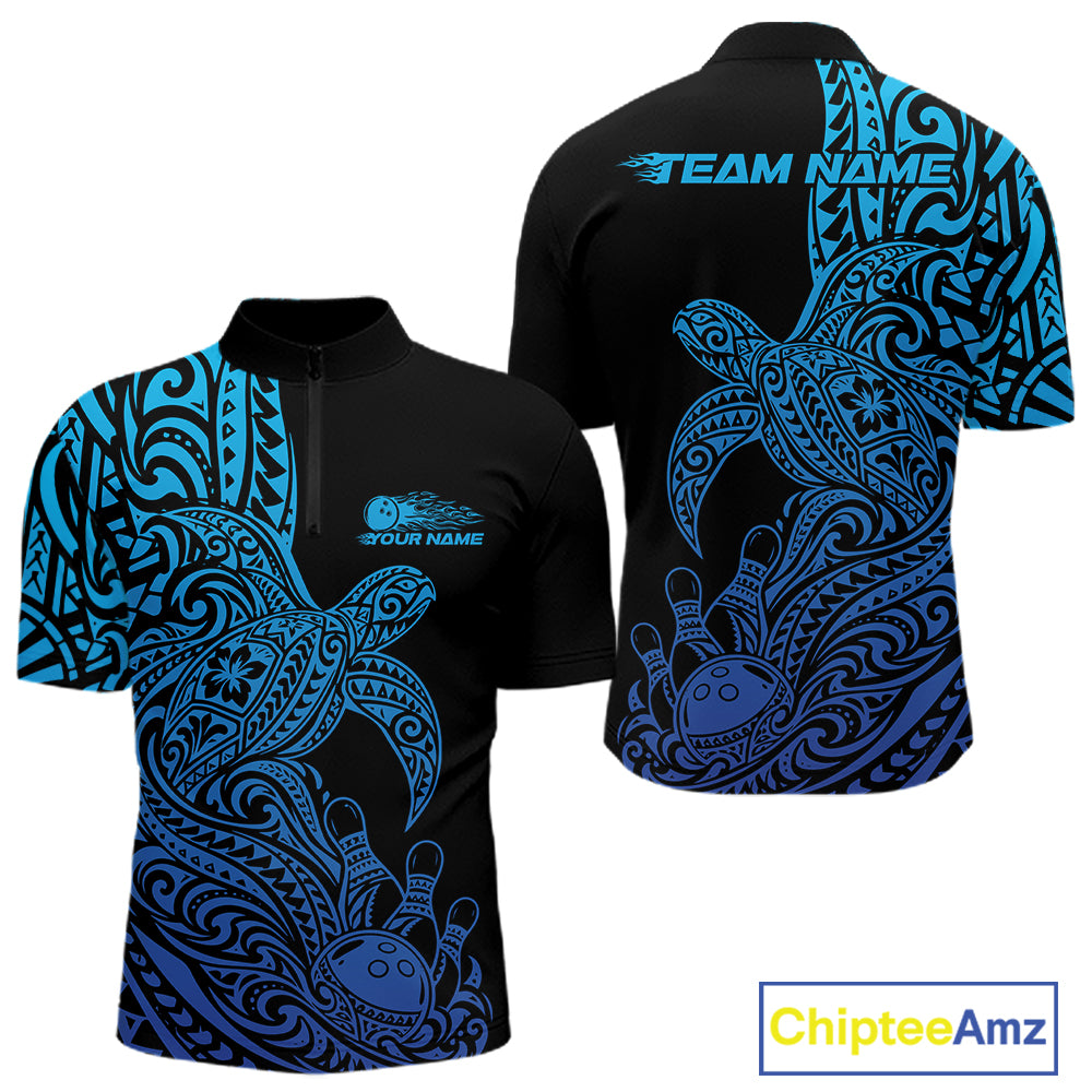 Custom Black And Blue Polynesian Tribal Turtle Bowling Jersey Team Quarter Zip Shirt