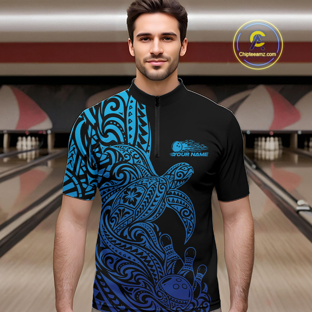 Custom Black And Blue Polynesian Tribal Turtle Bowling Jersey Team Quarter Zip Shirt