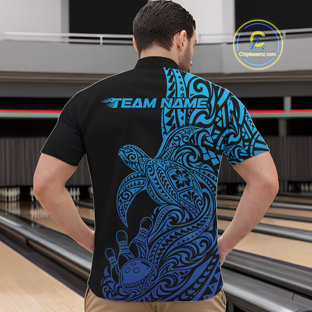 Custom Black And Blue Polynesian Tribal Turtle Bowling Jersey Team Quarter Zip Shirt