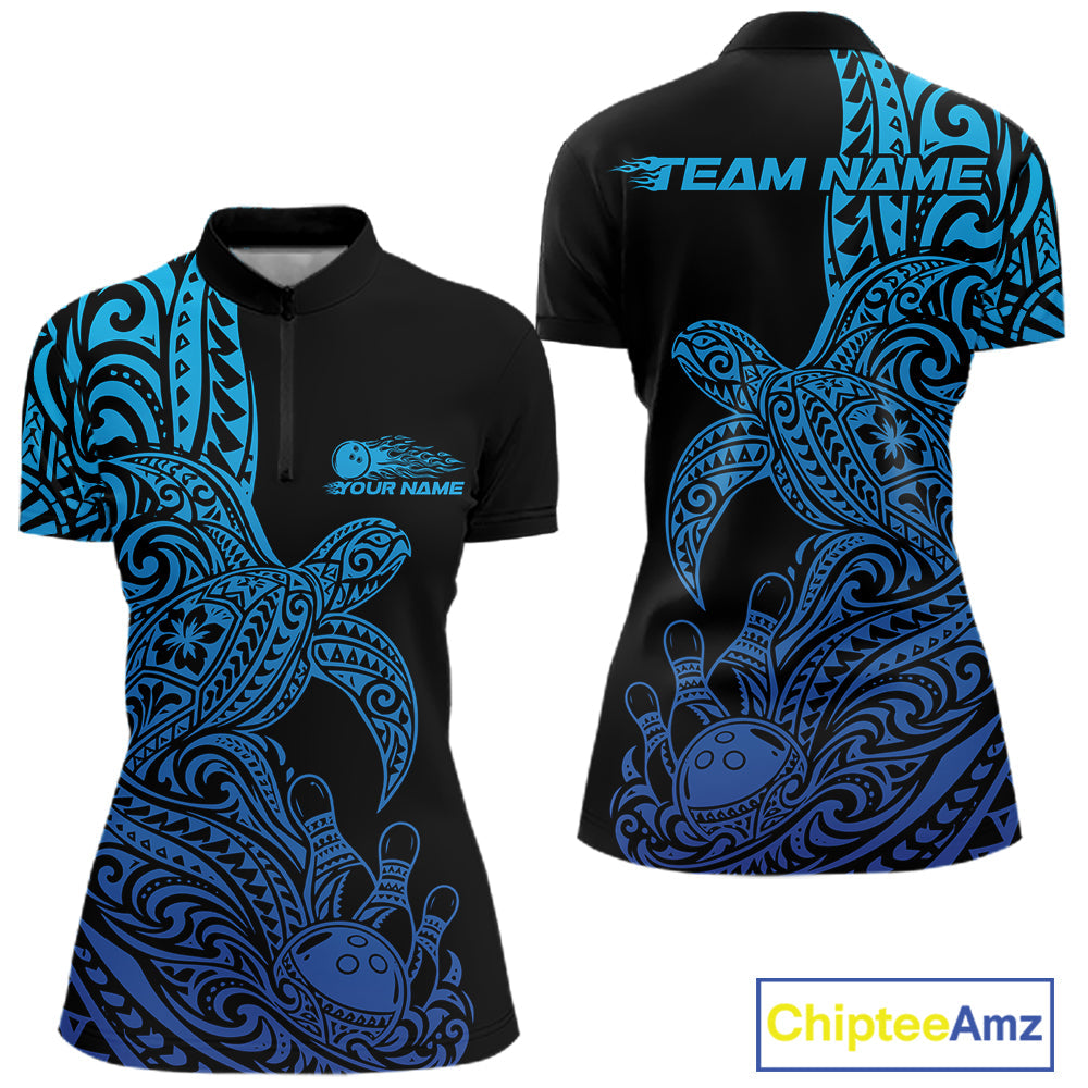 Custom Black And Blue Polynesian Tribal Turtle Bowling Jersey Quarter-Zip Shirt