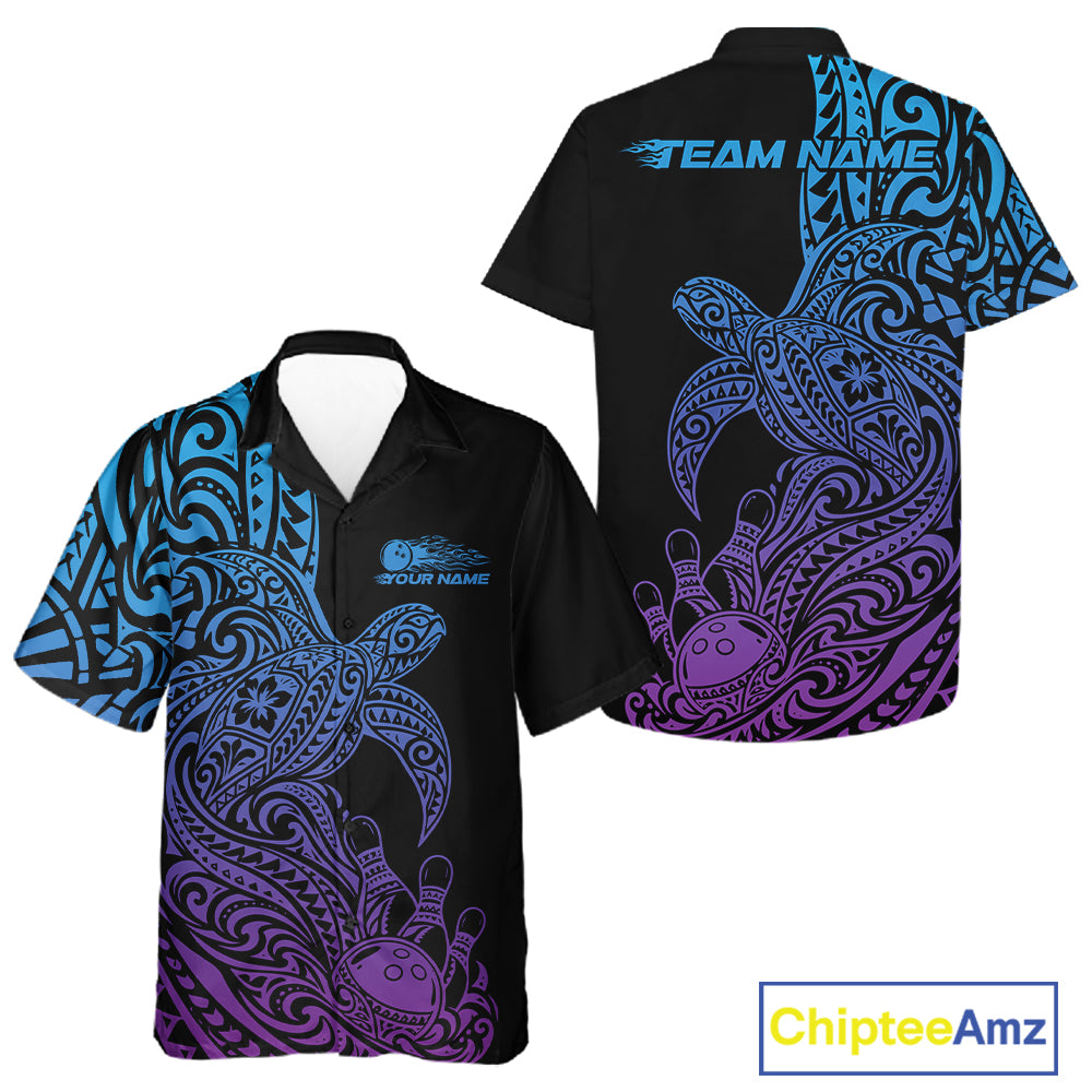 Custom Blue And Purple Polynesian Tribal Turtle Bowling Jersey Team And Button Up Shirt