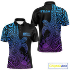 Custom Blue And Purple Polynesian Tribal Turtle Bowling Jersey Team Polo Shirt