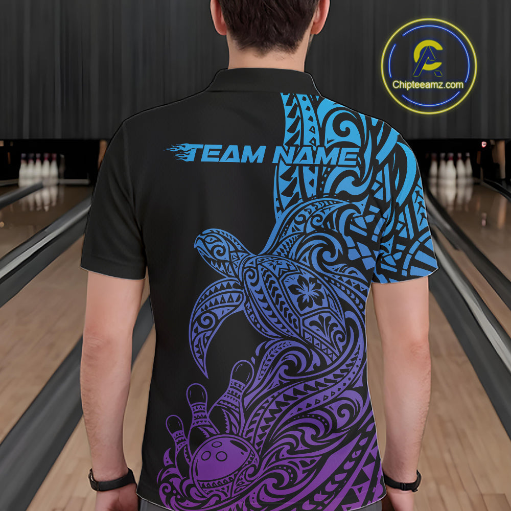 Custom Blue And Purple Polynesian Tribal Turtle Bowling Jersey Team Polo Shirt